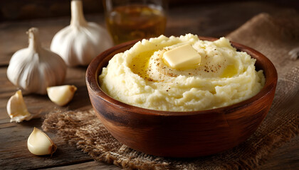 Creamy Mashed Potatoes Topped with Butter and Served on a Rustic Table with Garlic Cloves in the Background
