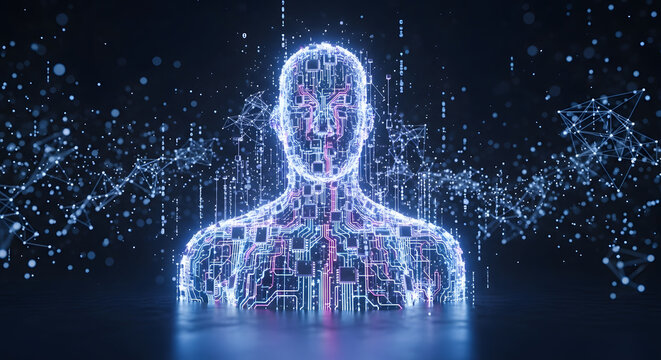 A futuristic digital human made of glowing circuits and wires in a dark space