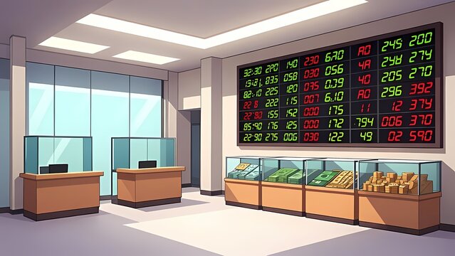 Illustration of a modern bank lobby with teller desks and a large digital ticker board in a bright, calm interior