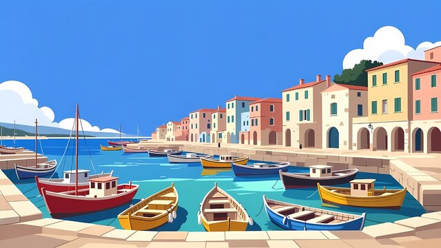 Colorful coastal harbor town illustration with boats on a sunny Mediterranean seafront - vector cartoon style