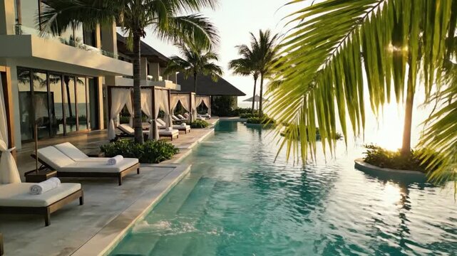 Luxurious resort infinity pool overlooks ocean with bright sunset filtering through lush tropical palm trees