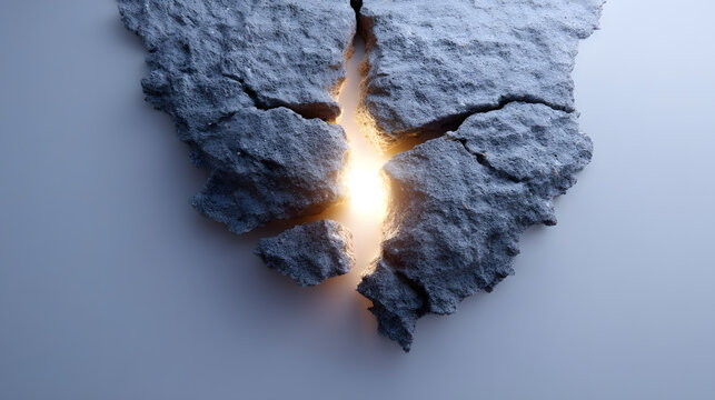 Breaking Boundaries: An abstract rendering of a stone-like formation fracturing apart to reveal an illuminating inner glow, symbolizing transition, change, and the potential of what lies beyond.