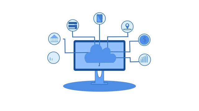Animation of cloud computing with icons representing various data types connected to a monitor