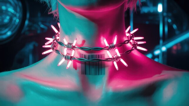 Futuristic cyberpunk neon spiked collar on androgynous neck with blue and pink lighting modern edgy sci fi fashion concept