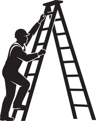 Black and white silhouette of a professional construction worker wearing a safety hard hat climbing a tall ladder for maintenance and repair services.