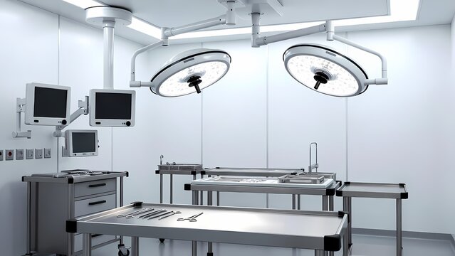 Modern operating room with overhead surgical lights and medical equipment in a bright sterile clinical setting, photorealistic photography