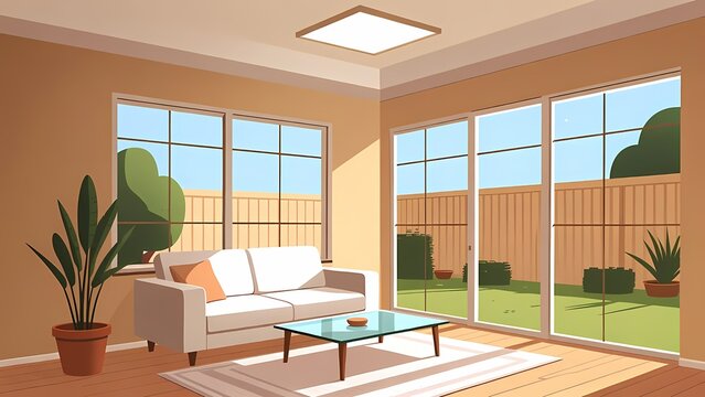 Modern living room interior with large windows, cozy sofa and plants in bright daylight - flat vector illustration