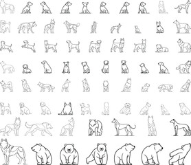 Fototapeta premium Collection of Minimalist Line Art Illustrations Featuring Various Dog Breeds, Canine Silhouettes, and Bear Outlines for Creative Graphic Design Projects