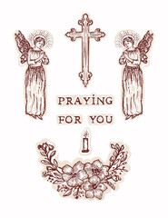Fototapeta premium Holy cross praying for you sentiment blessing . Angel christian religious card illustration. Hand drawn angelic spirit with flower , candle and crucifix for holy week greeting card. Isolated editable 