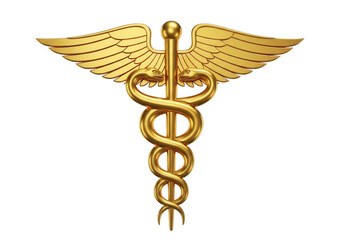 Golden caduceus symbol with wings on white background