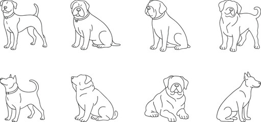 Fototapeta premium Set of Minimalist Dog Line Art Vector Illustrations Featuring Various Puppy Breeds in Different Poses Like Sitting and Standing, Design