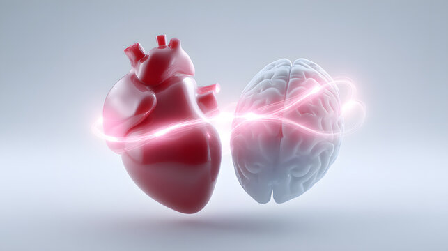 Heart and Mind Connection: A dynamic digital rendering visualizes the intimate bond between the human heart and brain, illuminated by radiant energy pathways. 