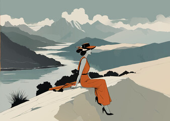 woman in summer dress sitting on a rock, river landscape vector illustration