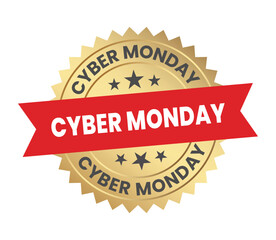 Obraz premium Cyber Monday Golden Badge, Cyber Monday Sign, Logo, Icon, Sticker, Label, Emblem, Stamp, Symbol, Red, Line, Flat Vector, Isolated Illustration