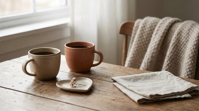 Dos tazas de caf&eacute; sobre una mesa de madera de una casa acogedora
