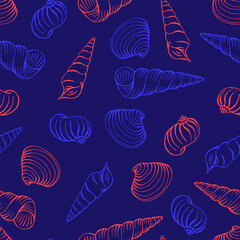 Seamless pattern with shells of different shapes. Hand drawn vector illustration.