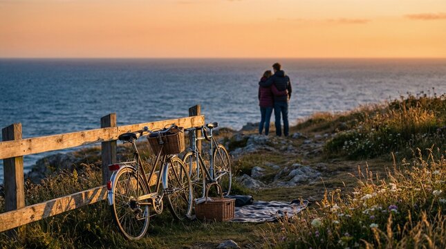 Pareja enamorada abrazandose, mirando el atardecer frente al mar, bicicletas estacionadas