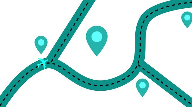 Abstract Map with Airplane and Location Pins Animation