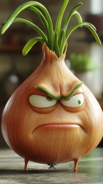 Grumpy cartoon onion character with green sprouts standing on a kitchen counter