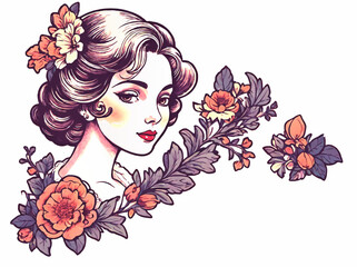 vintage lady portrait with floral wreath and white area for insertion