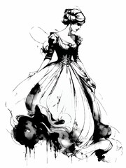 vintage fashion lady black and white watercolor painting