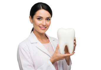 Dentist holding a large white tooth model