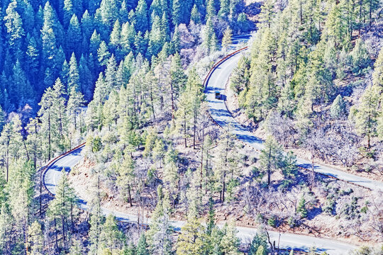 Looking down from, Oak Creek Vista on the switchbacks as AZ 89a descends from the Mogollon Rim into Oak Creek Canyon.