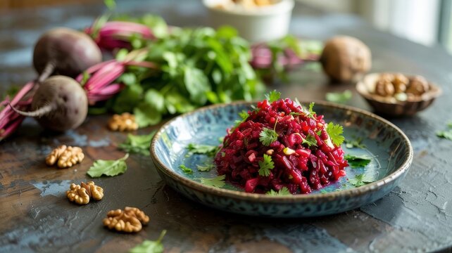A dish of Georgian cuisine.
Beetroot salad with nuts and garlic. Beetroot phali, one of the most recognizable cold appetizers of Georgian cuisine.