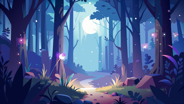 Very beautiful magical night forest illuminated by a glowing full moon, with sparkling fireflies and soft mist drifting between ancient trees, creating a dreamy fantasy atmosphere.