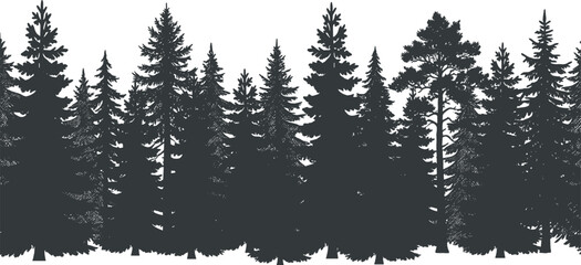 Dense Evergreen Forest Treeline Silhouette Collection Featuring Detailed Pine Fir and Spruce Trees for Nature Landscape Borders and Woodland Scenery Design Isolated on White © Empowerment angle 