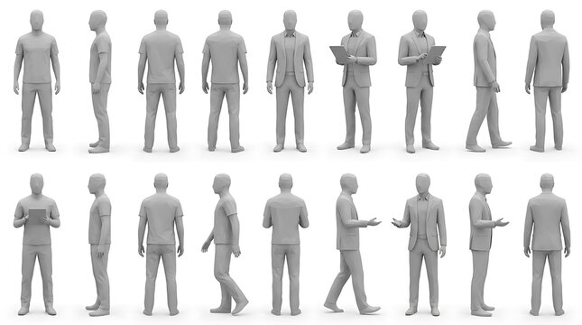 A collection of gray faceless human figures in various poses and clothing arrangements high quality professional
