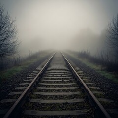 Obraz premium Abandoned railroad tracks disappear into foggy horizon with trees on either side