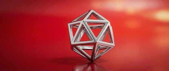A metallic icosahedron sculpture stands on a reflective red surface with a blurred background