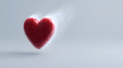 Fototapeta premium Heart's Whispers: A solitary red heart emits a flurry of ethereal particles, signifying fragility and the passage of love and emotion.