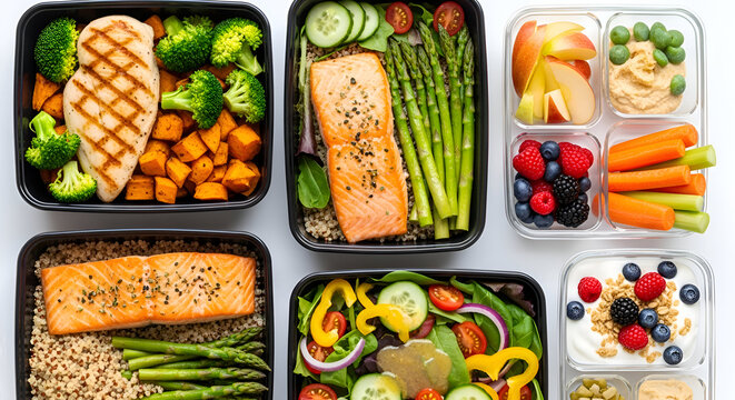 healthy meal prep food containers salmon fillet grilled chicken quinoa bowl fresh vegetables fruit salad meal planning diet food snack prep protein meals clean eating nutrition