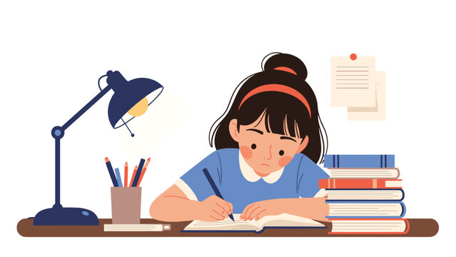 Young student girl sits at a desk concentrated on writing in her notebook surrounded by large stacks of books and a lamp.