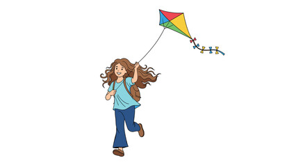 Young girl with long wavy hair runs happily while flying a colorful kite in the bright open air during a beautiful summer day.