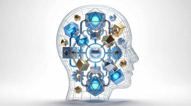 A wireframe human head filled with glowing blue and gold mechanical gears and cogs on a white background representing artificial intelligence and technology