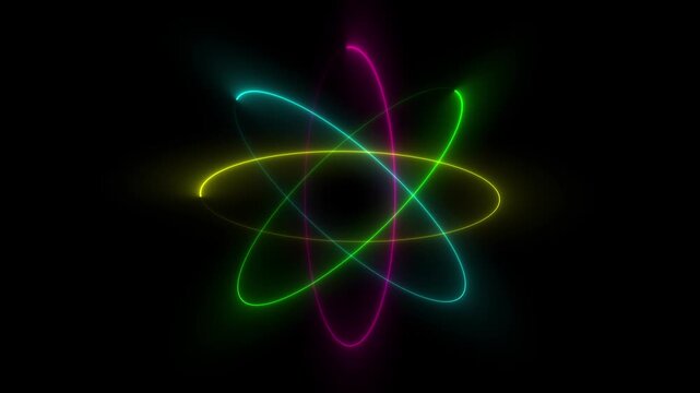 Neon Atomic Orbital Energy Loop Animation on Black Background