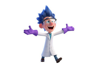 Cartoon scientist character with blue hair and lab coat