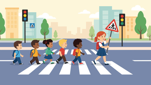 Diverse group of young schoolchildren safely crossing a city street on a pedestrian crosswalk with a female traffic guard.