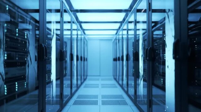 Data center server racks in blue tones for digital network storage