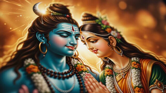 Divine Couple Shiva and Parvati Embrace Warmly Golden Hues Soft Light Wispy Clouds Serene Atmosphere