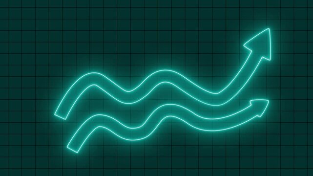 Neon Arrows Indicating Growth on Grid Background, Neon Light Business Bar Chart Animation on Black Background
