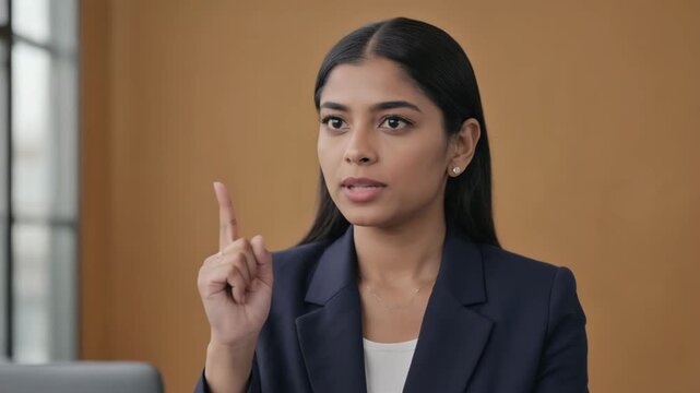 Young Asian businesswoman pointing upwards in a welllit office space with a brown wall