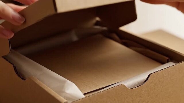 Human hands gently close a brown cardboard box proudly labeled "100% biodegradable," emphasizing eco-friendly packaging and sustainability.