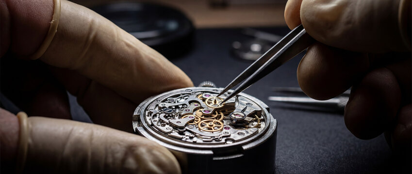 A close-up view of a watchmaker repairing a mechanical watch with tweezers in a workshop setting
