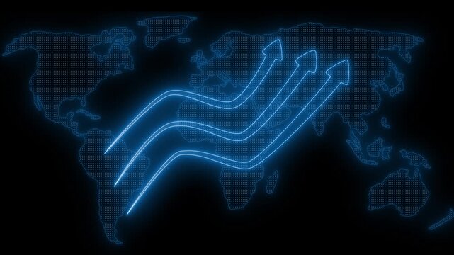 Digital world map with neon arrows, Neon Light Business Arrow Graph Bar Chart Animation