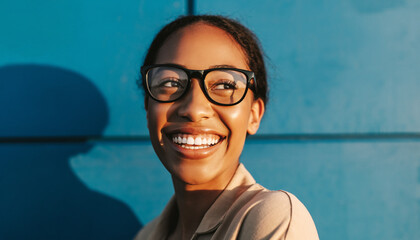 young happy lady wearing black rimmed glasses