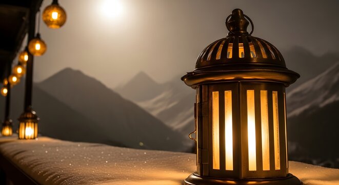 Ramadan nighttime scene with lanterns and mountains